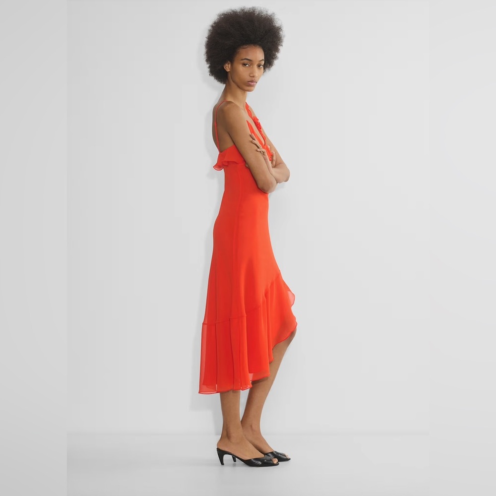Aritzia Wilfred Engage Dress Red/Orange Rosette Ruffle Asymmetrical Slip Dress - Picture 7 of 13